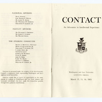 The front page and back page of a printed paper pamphlet with CONTACT in large print on top of the page with "An Intellectual Experience" printed smaller underneath. In the center of the page is the Washington and Lee University Crest. The bottom of the page says "Washington and Lee University, Lexington, VA" with "March 12, 13, 14, 1965" below. The back page lists the advisors and Steering Committee members. 
