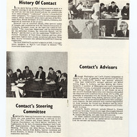 The third and fourth pages of a printed paper pamphlet. The third page features the title "History of Contact" with paragraph below and a black and white image of six white male students sitting around a conference table. Below the image is the title "Contact's Steering Committee" and paragraph. The fourth page features a collage of four images in a square, Each image is black and white and features unidentified speakers sitting alongside students. Below is the title "Contact's Advisors" and a paragraph.  