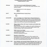 Black text on white paper, Detailed itinerary for Dr. Pat Robertson on his visit to speak at Washington & Lee