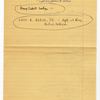 Handwritten list on faded yellow lined paper of proposed speakers and notes from either the 1965 or 1966 Contact Committee, with some names circled and some crossed out. This eighth page includes some scribbled out completely words and three additional names. 