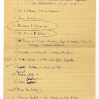 Handwritten list on faded yellow lined paper of proposed speakers and notes from either the 1965 or 1966 Contact Committee, with some names circled and some crossed out. This third page includes names 28-44. 
