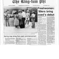 The following is a ring tum phi news article from September of 1985 that shows 3 freshmen women of the W&L Class of 1989 being interviewed by a TV crew upon their arrival in Lexington.