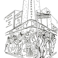 A cartoon image of Broadway St. printed in the 1981 Calyx to debut the theme of the 1981 Fancy Dress.