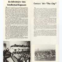 The second and third page of a printed paper pamphlet.  The first page titled "An Adventure into Intellectual Exposure" features a paragraph and then a black and white image of a full Lee Chapel from the perspective of the stage. The second page titled "Contact "66- The City" features a paragraph and then a black and white image of the New York City skyline. 