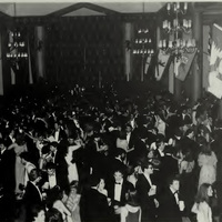 Pictured is a large group of students dancing at Fancy Dress in 1981, printed in black and white in the Calyx 1981.
