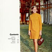 This image shows the table of contents of the 1968 edition of the Washington and Lee Calyx. It lists the sections of the yearbook, and Ads. Next to the table of contents, there is a large glamour shot of a woman in a yellow dress. She is one of the six women featured in the “features” section of the yearbook, which seems to be a beauty pageant or contest.