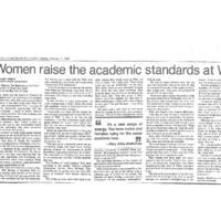The following image shows an article from the Ring Tum Phi. The article states that since the admission of women at W&L the academic standard has increased. The addition of women has created a social and academic change.