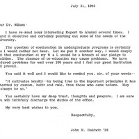 The letter is a response to idea of becoming coeducational. John R. Baldwin, a graduate of the 1950 class, responded to coeducation. Baldwin voices his despise for coeducation and calls for President Wilson to leave office.