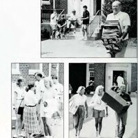 The image shows the first class of women arriving to campus in September of 1985 and moving into their dorms. 
