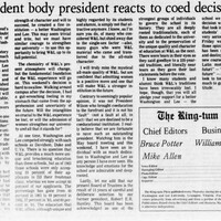 The following is a Ring Tum Phi article from the Executive Committee president, about the student body reaction to the school becoming coed. He comments on the backlash and alludes to the step forward that the student body must take.