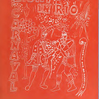 This is a drawing of two people in jester costumes on the street in between a banner next to them that reads "Welcome to Rio de Janeiro" and the word "Carnaval" in large letters. Made for W&L's 1986 Fancy Dress: A Night in Rio. The entire image is red with white details.