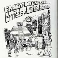 This is a cartoon made for W&L's 1984 Fancy Dress: Lost Cities of Gold found in the Calyx. Traditional Aztec imagery is showcased, along with a signature bunny and dog duo celebrating. On the sides are pillars and in the background is a large pyramid.