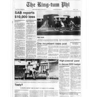 This is an article from the April 3, 1986 issue of Washington and Lee's Ring-tum Phi titled "SAB reports $10,000 loss." This article reports the financial loss endured by the SAB from that year's Fancy Dress ball. This article also gives insight into the SAB's drink regulation methods as a charade put on for the ABC Board.