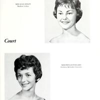 This image shows two women who were featured in the “features” section of the 1961 edition of the Washington and Lee Calyx. They are Miss Joan Hixon from Madison College and Miss Phyllis Pollard from Southern Methodist University. They are both smiling and wearing formal dresses.
