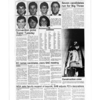 This is a selection of articles from the March 3, 1988 issue of Washington and Lee's Ring-tum Phi. These articles detail the 1988 Fancy Dress controversy between the Student Activities Board and Minority Student Association. Perspectives from both sides are provided, some calling for a boycott of the ball and some opposing the MSA president's sentiments against the event's theme. Relevant headings are "MSA asks faculty support of boycott; SAB adjusts FD's decorations," "Student reactions to FD theme and MSA boycott," and Cobb questions the Fancy Dress theme."