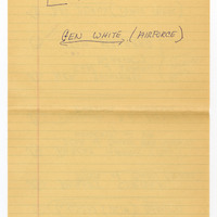 Handwritten list on faded yellow lined paper of proposed speakers and notes from either the 1965 or 1966 Contact Committee, with some names circled and some crossed out. This sixth page includes two names alongside arrows. 