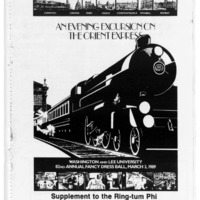 This is a selection of articles from the February 23, 1989 issue of Washington and Lee's Ring-tum Phi. The title page features an image of the front of a train with seven smaller images of cities included on the Orient Express' route. These articles explain the details of that year's Fancy Dress: An Evening on the Orient Express, including decor, theme, musical guests, venue, and activities. Perspectives are also provided from each gender and class year about Fancy Dress as a whole, all of which are generally positive. Betsy Griffin covers the emergence of Live Drive, a transportation service on campus and the increase of women on the SAB to 21 female members and a female chairman.