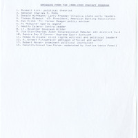 black text on white paper, A list of the 14 Speakers that Contact Committee brought to Washington and Lee during the 1988-1989 school year. The list includes short descriptions next to some of the names (ie: Russel Kirk- Political Theorist).