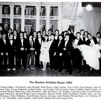 Pictured is the Student Activity Board in 1983, printed black and white in the Calyx 1983. This board was in charge of planning Fancy Dress. The board included students from Washington and Lee University and Sweet Briar College.