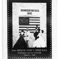 This is a selection of articles from the February 25, 1988 issue of Washington and Lee's Ring-tum Phi. The title page had a drawing of two couples dancing in front of a Grand Luminary American flag with a banner at the top saying "Reconciliation Ball 1865." These articles explain the details of that year's Fancy Dress: Reconciliation Ball, including decor, theme, musical guests, venue, and activities. Perspectives are also given from each gender and grade level about Fancy Dress as a whole, all of which are generally positive. There is also an addition of faculty memories, recalling pass themes, dates, costumes, responsibilities, and musical guests. Lastly, there is a twenty question and answer with the Fancy Dress chairman that reveals financial details of Fancy Dress and explains the thought process behind that year's controversial theme.